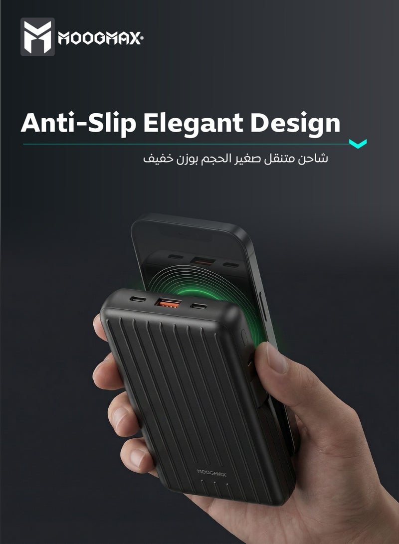 موجماكس باور بنك بسعة 10000 مللي أمبير. باور بانك صغير لاسلكي مغناطيسي (ماج سيف). شاحن متنقل صغير بثلاث منافذ (يو اس بي& تايب سيPD& لايتنينج ايفون). بطاريه متنقله باسلاك شحن قماشية مدمجة (تايب سي& لايتنينج ايفون). بور بنك بقوة شحن 15واط لشحن اللاسلكي و22.5 واط لمنافذ الشحن والكيابل. أسود - Image 4